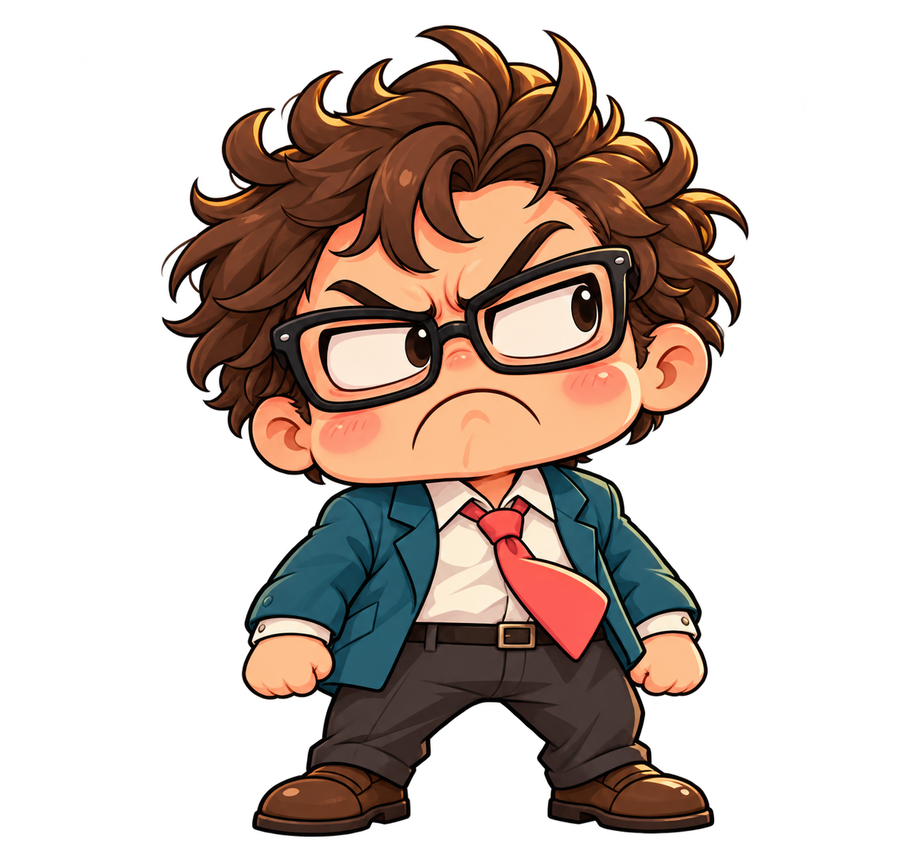 An illustrated, fictional grumpy office manager from Chibi Smash